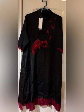 Black Midi Dress with Red Floral Embroidery